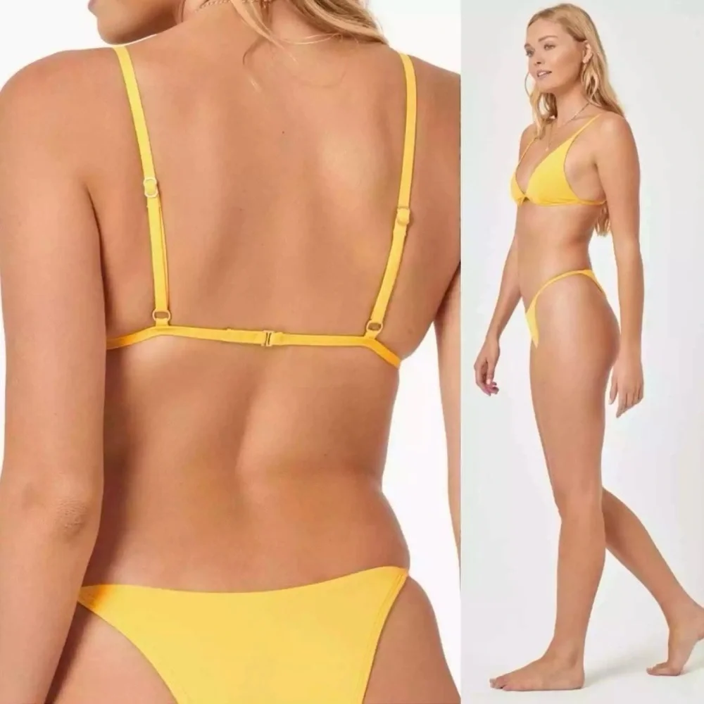 L*Space Millie Bikini top with matching bitsy cut bottoms in marigold yellow XL